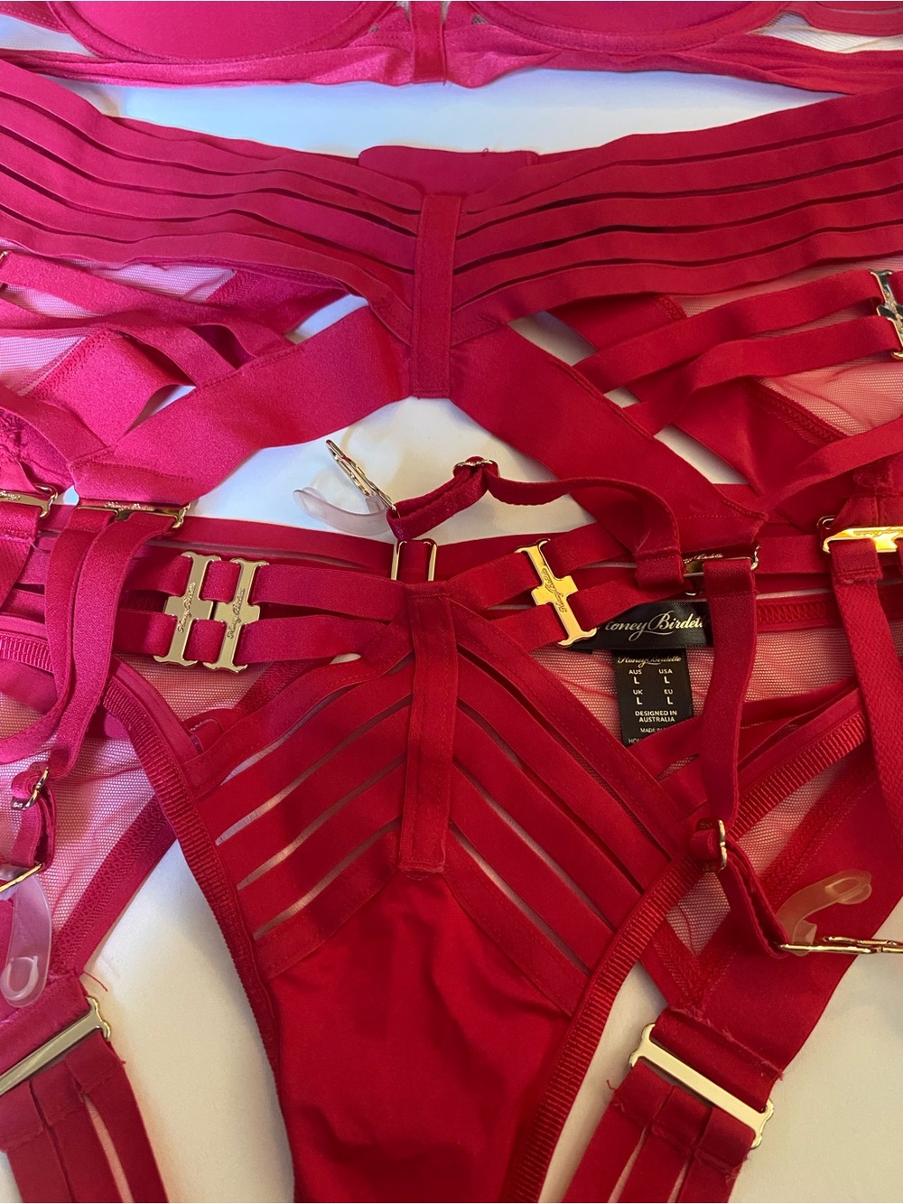 LINDA C Red 4-Piece Lingerie Set: Bra + Brief + Suspender/Garter Belt / 34D-L-L - Picture 4 of 14